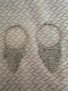Macy's Silver Crystal Fringe Hoop Earrings Rhinestone Waterfall